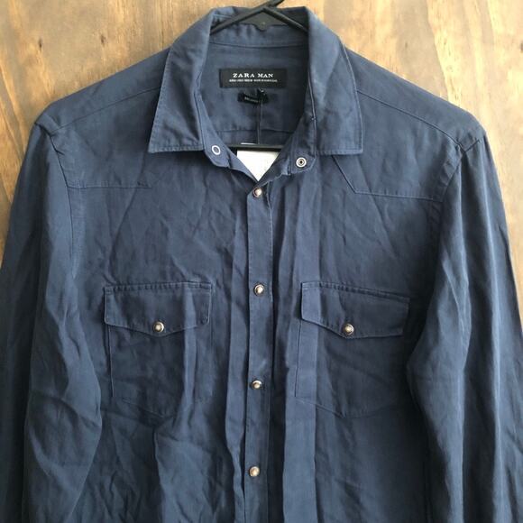 Zara Men Shirt Blue Relaxed Fit Button Down 100% Lyocell Long Sleeve Small - Picture 2 of 13